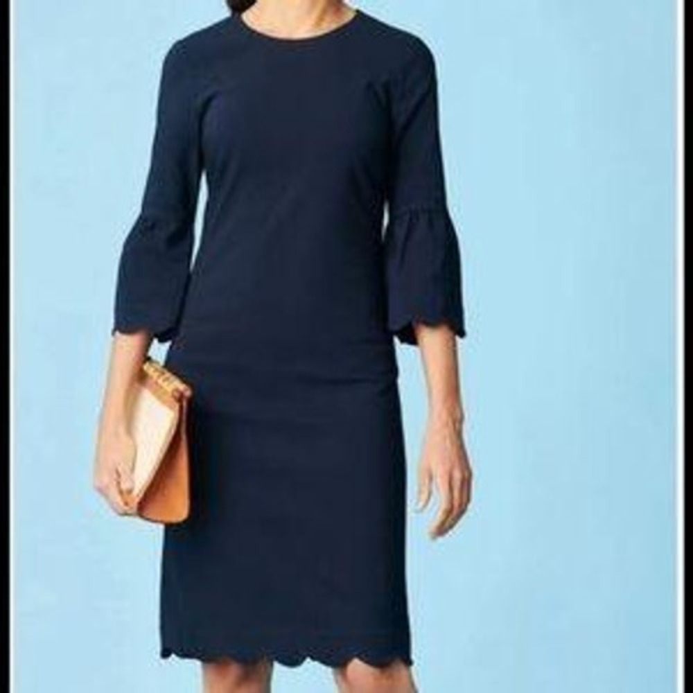 J. McLaughlin Navy Dress Bell Sleeve Scalloped Hem‎ Fitted Career Size 0